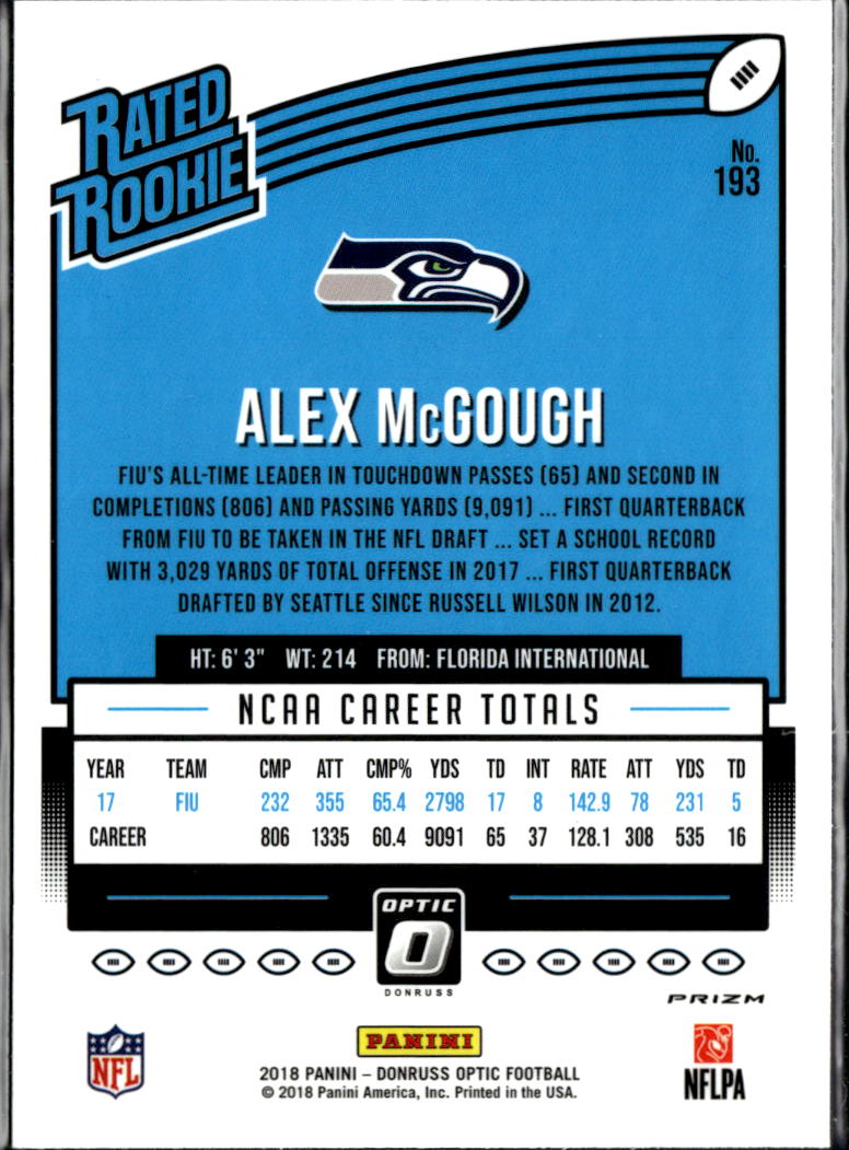 Alex McGough 2018 Optic Rated Rookie Teal Velocity Seattle Seahawks