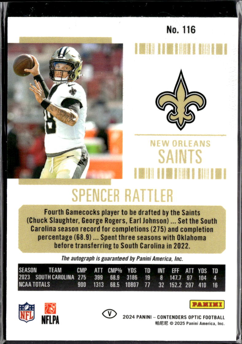 Spencer Rattler 2025 Contenders Optic Auto Autograph RC New Orleans Saints