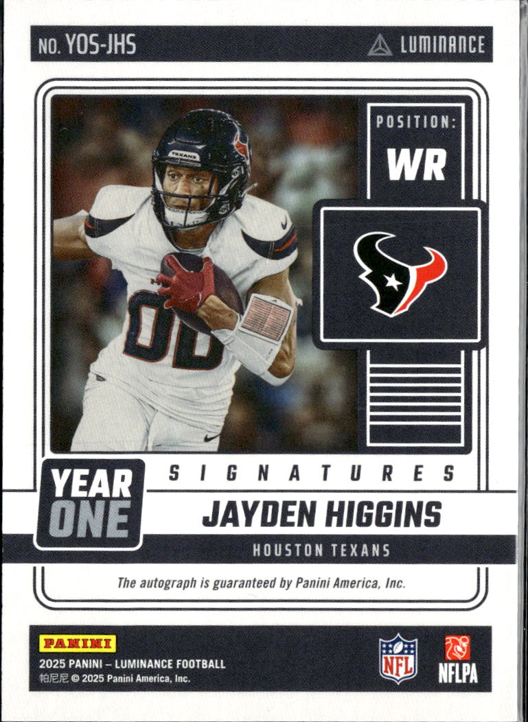 Jayden Higgins 2025 Luminance Year One Red Ink Auto Autograph RC Houston Texans