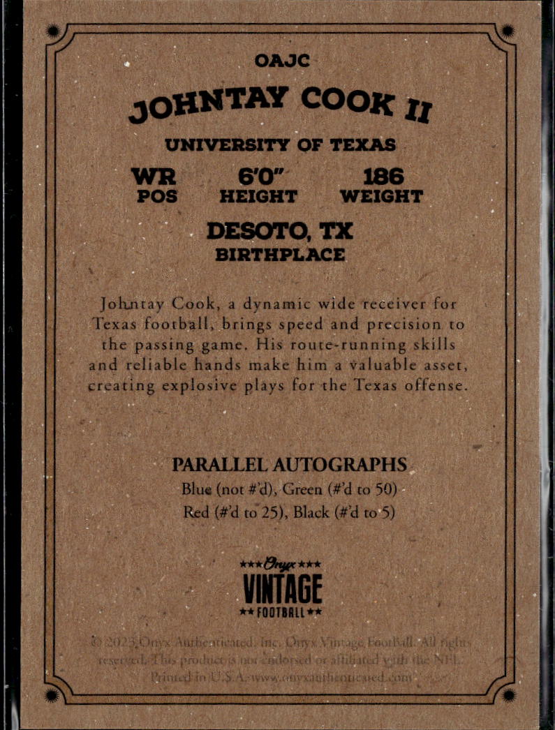 Johntay Cook II 2023 Onyx Auto Autograph Red Ink RC Texas Longhorns