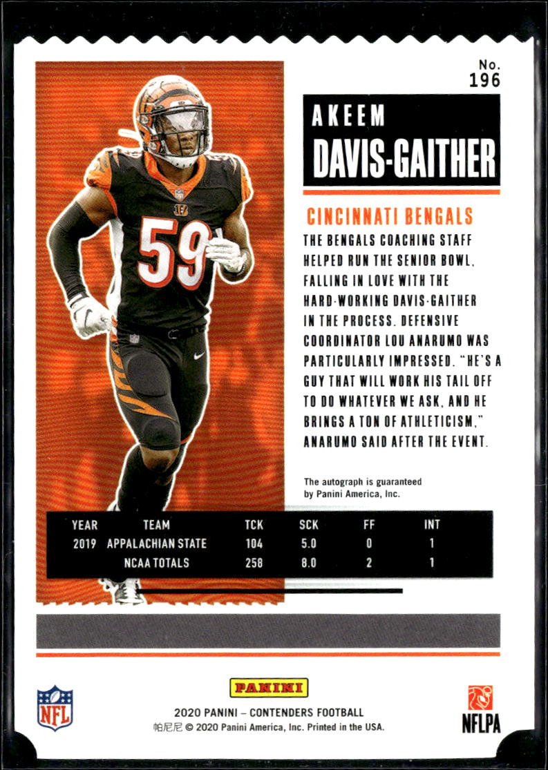 Akeem Davis-Gaither 2020 Contenders Auto Autograph Ticket Stub RC 14/59 Bengals