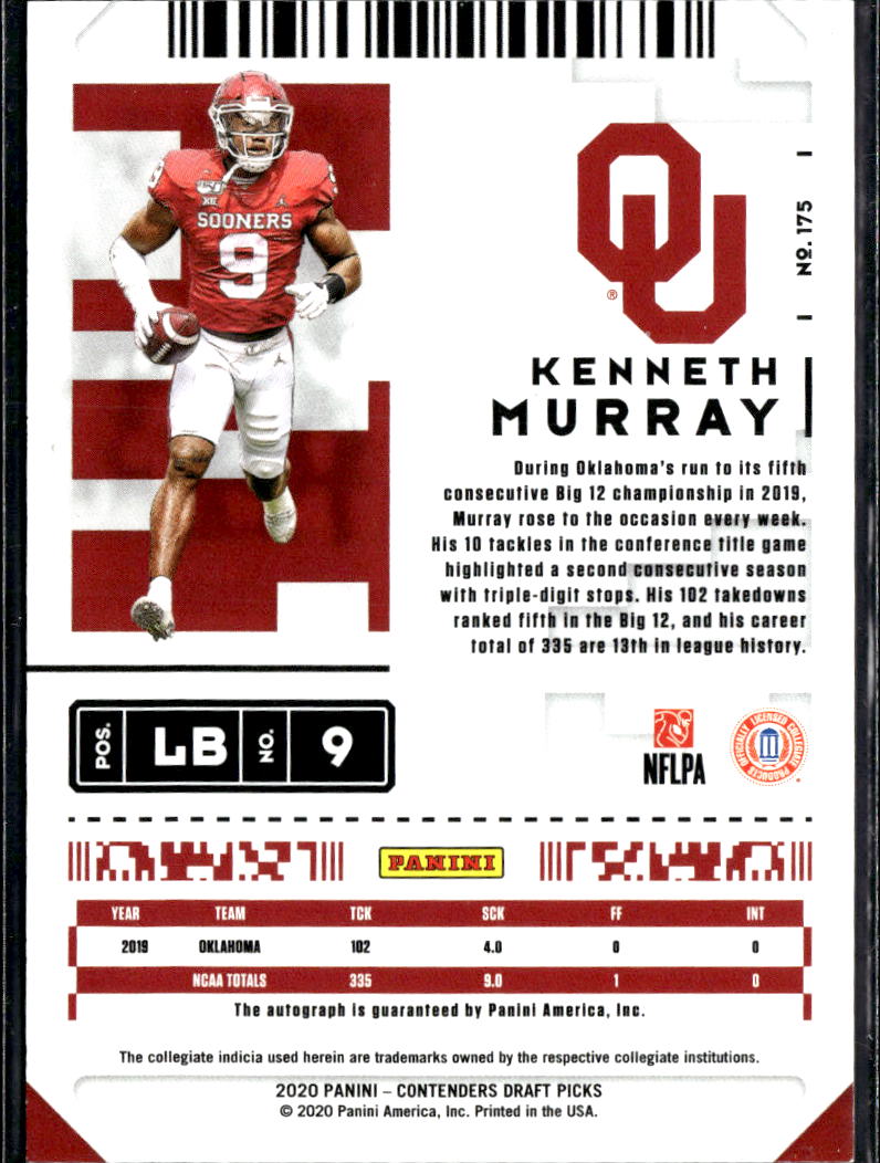 Kenneth Murray 2020 Contenders Auto Autograph SSP RC 2/6 Oklahoma Sooners