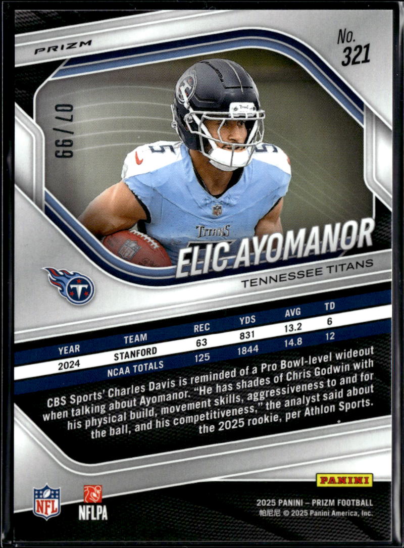 Elic Ayomanor 2025 Prizm Blue Ice Prizm Rookie RC 7/99 Tennessee Titans