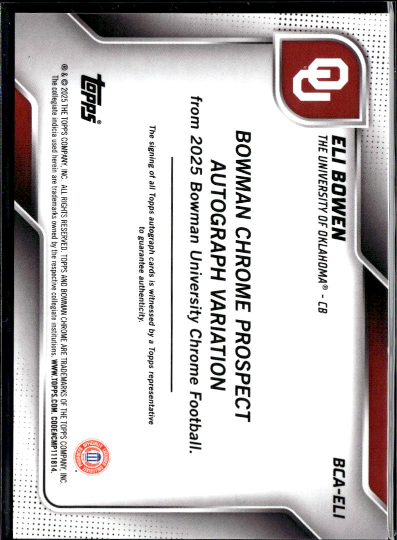 Eli Bowen 2025 Bowman Chrome Auto Autograph 73/75 Oklahoma Sooners