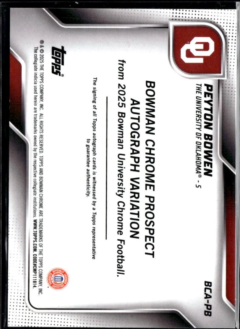 Peyton Bowen 2025 Bowman Chrome Auto Autograph RC Blue 74/150 Oklahoma Sooners