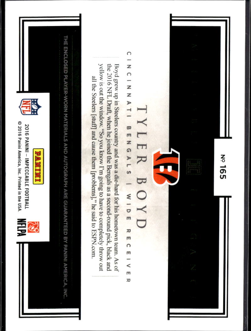 Tyler Boyd 2016 Impeccable Auto Autograph Helmet Patch RC 26/75 Bengals