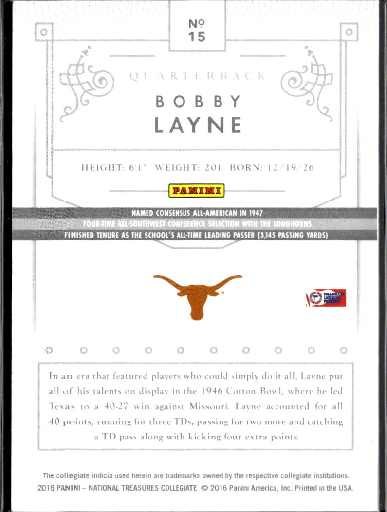 Bobby Layne 2016 National Treasures Holo Silver 1/25 Texas Longhorns