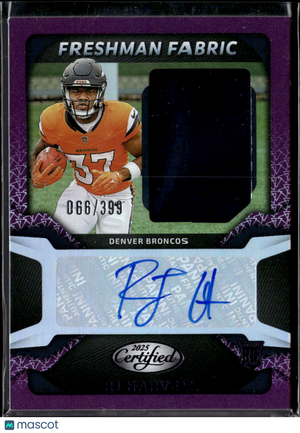 RJ Harvey 2025 Certified Auto Autograph Patch RC 66/399 Denver Broncos