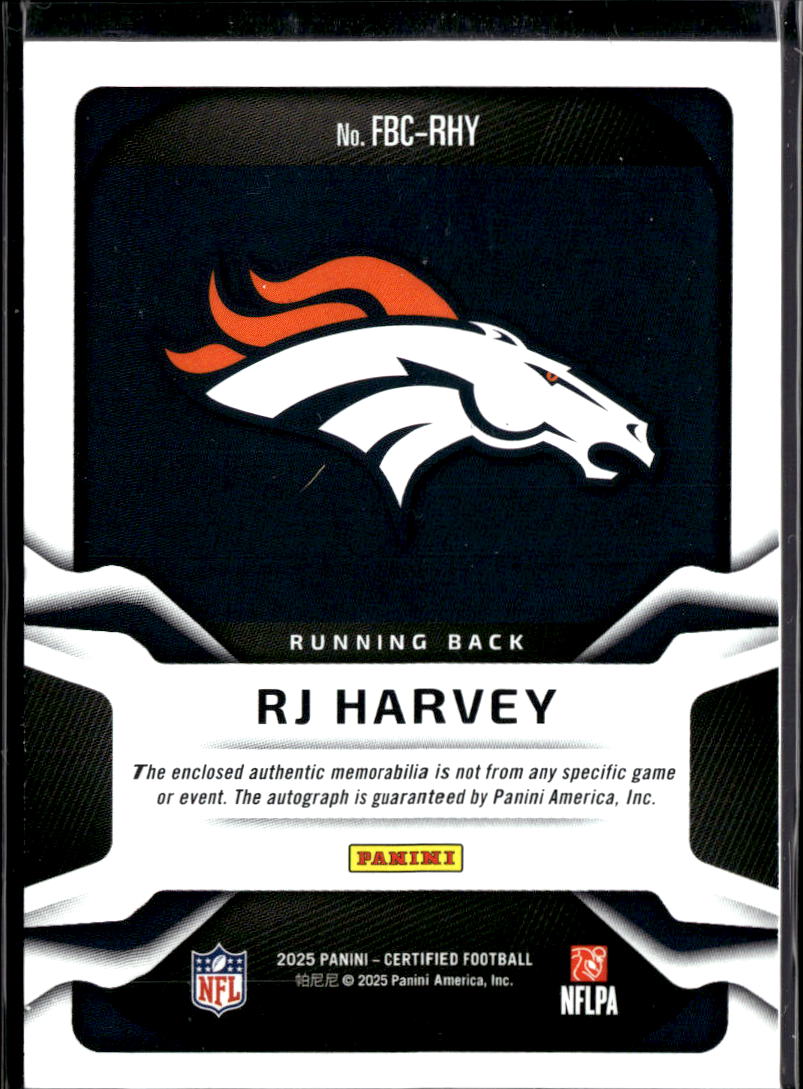 RJ Harvey 2025 Certified Auto Autograph Patch RC 66/399 Denver Broncos