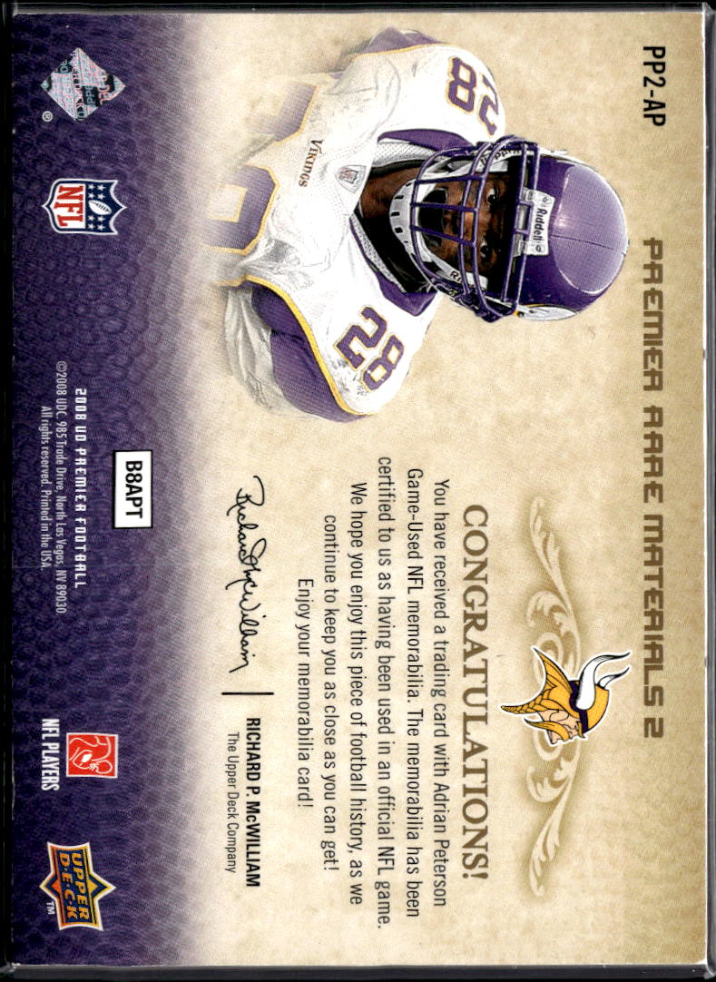 Adrian Peterson 2008 Upper Deck Game Worn Jersey Patch 13/25 Minnesota Vikings