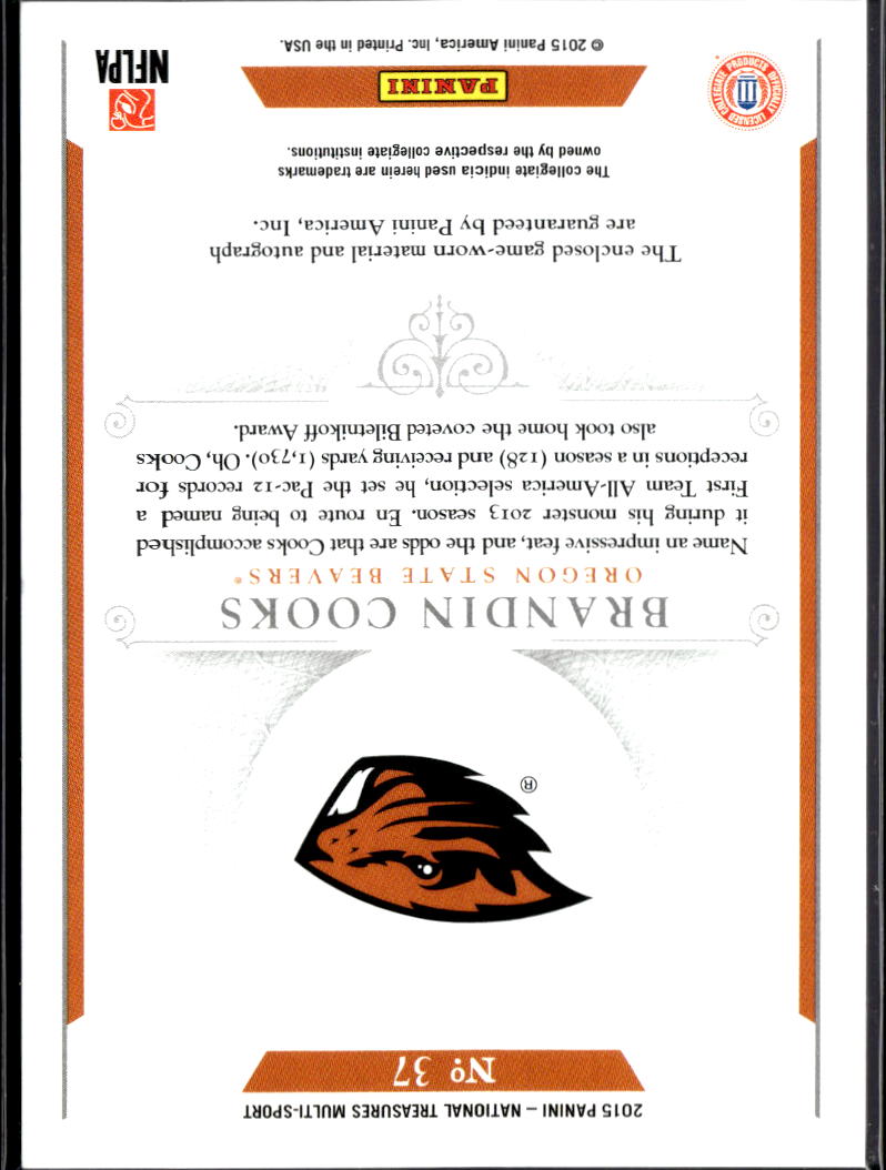 Brandin Cooks 2015 National Treasures Autograph Game Worn Patch /49 Oregon State