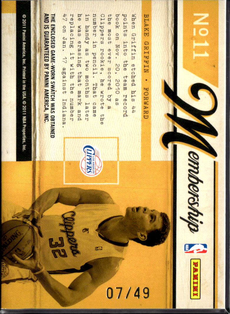 Blake Griffin 2011 Classics Game Worn Logo Patch 7/49 LA Clippers