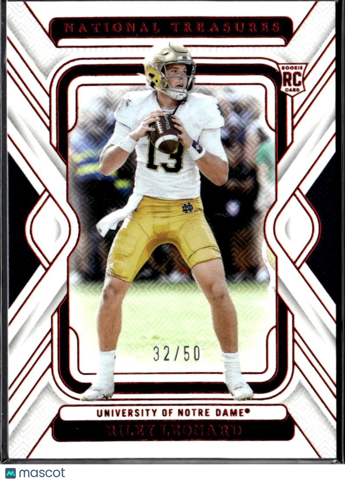 Riley Leonard 2025 National Treasures Rookie RC 32/50 Notre Dame Colts
