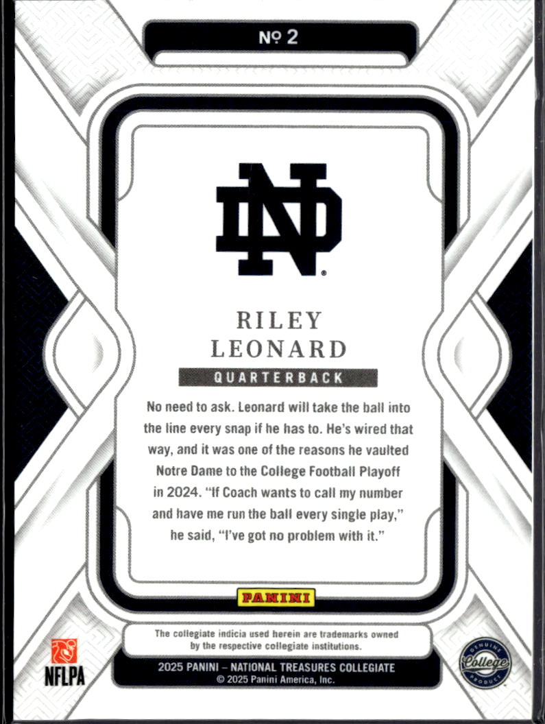 Riley Leonard 2025 National Treasures Rookie RC 32/50 Notre Dame Colts