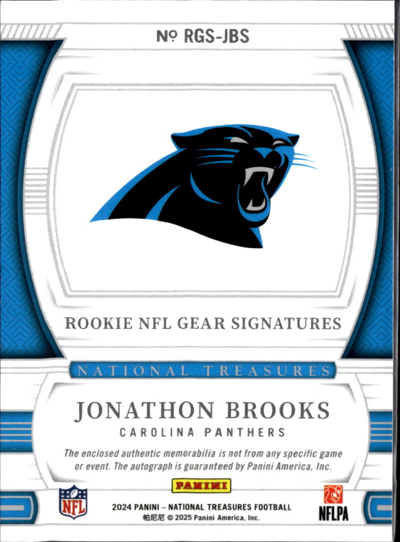 Jonathon Brooks 2025 National Treasures Auto Autograph Patch RC 19/99 Panthers