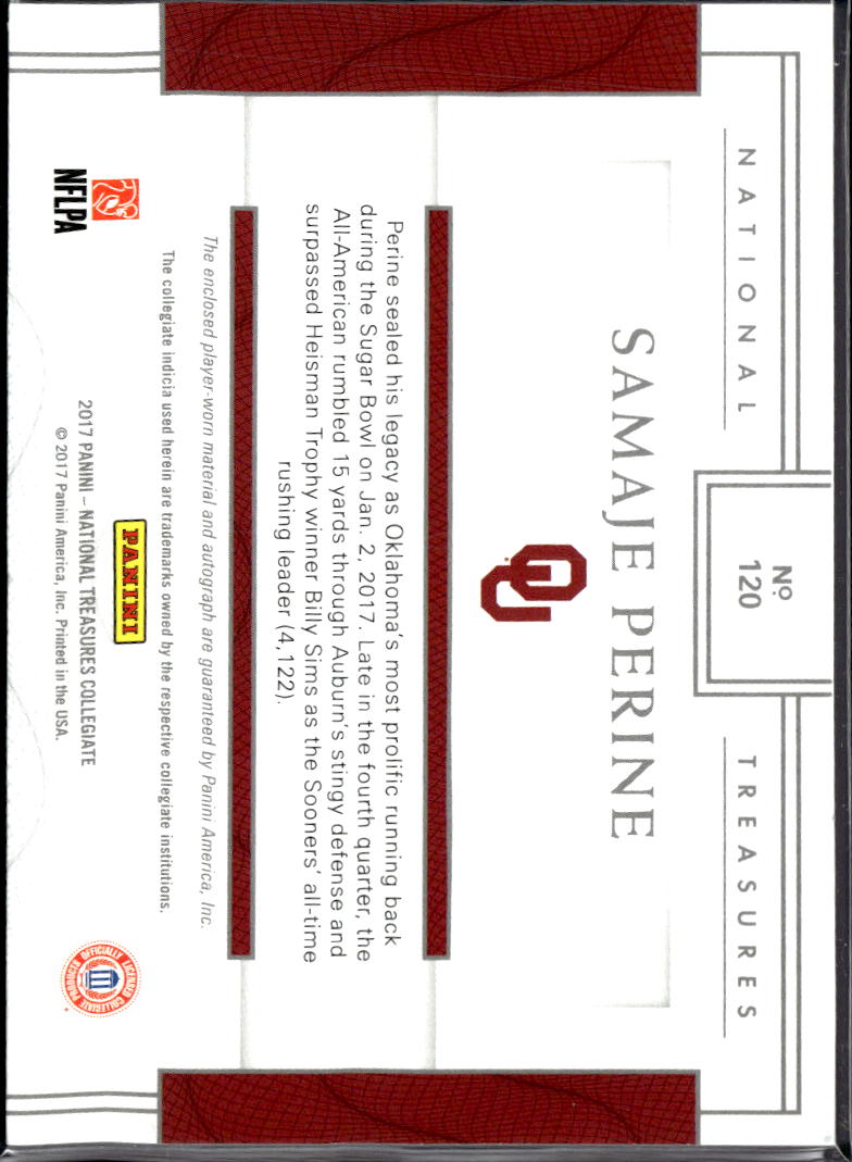 Samaje Perine 2017 National Treasures Collegiate Patch RC Auto /99 Oklahoma