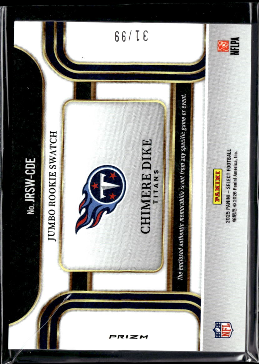 Chimere Dike 2025 Select Jersey Patch White RC 31/99 Tennessee Titans