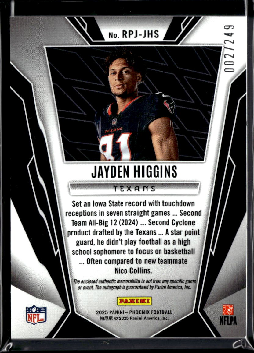 Jayden Higgins 2025 Phoenix Auto Autograph Patch RC 2/249 Houston Texans