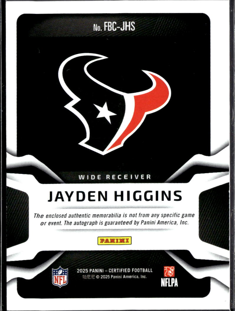 Jayden Higgins 2025 Certified Auto Autograph Patch RC 1/249 Houston Texans