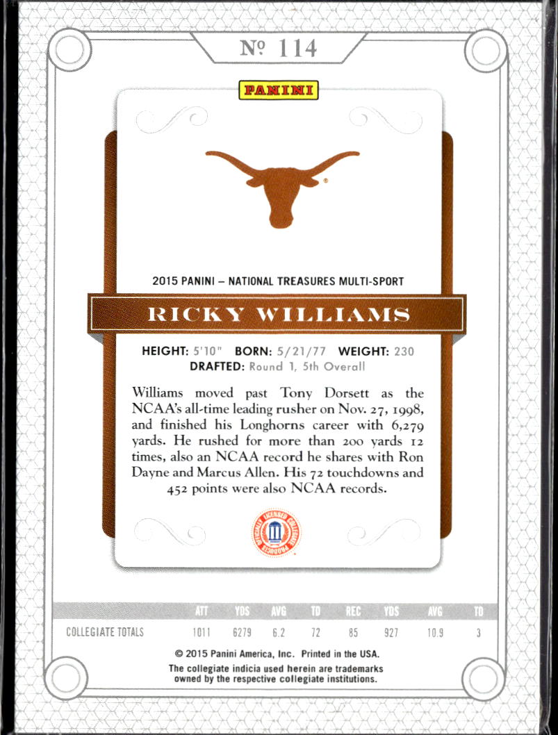 Ricky Williams 2015 National Treasures GOLD 10/10 #114 Texas Longhorns