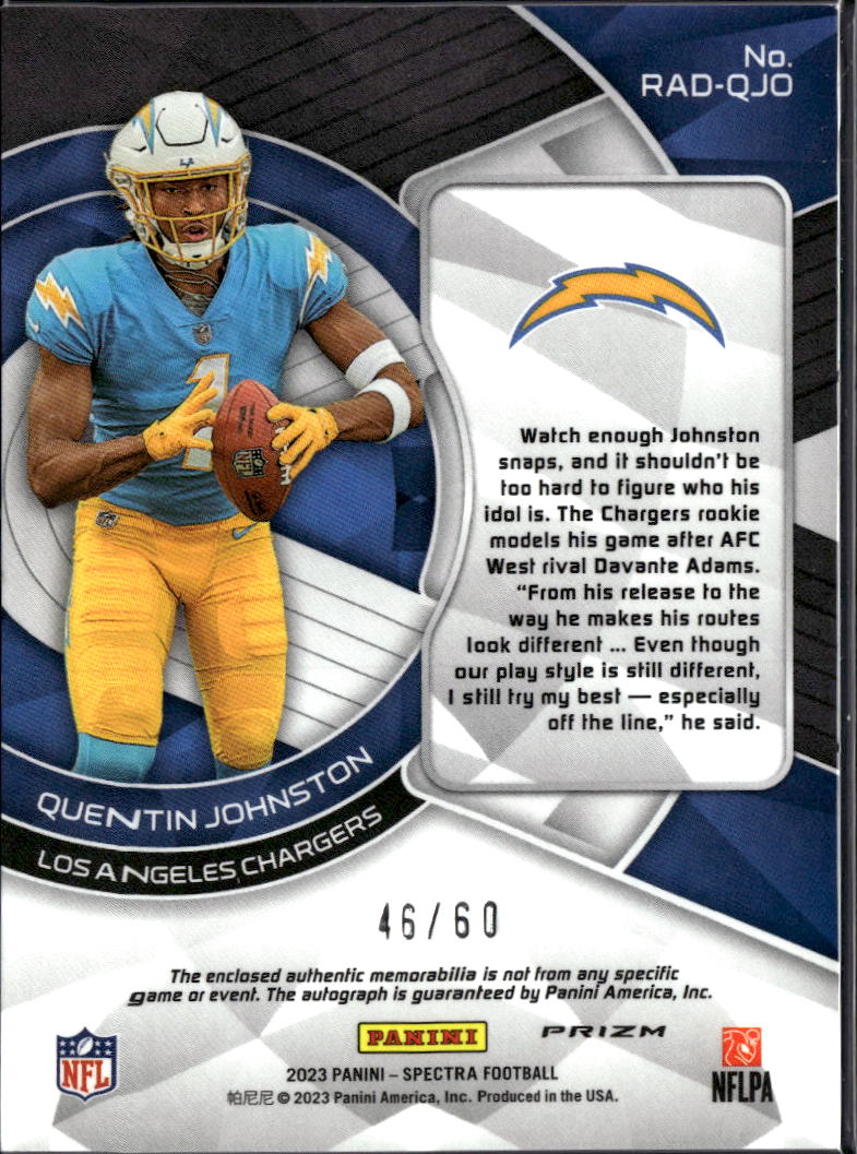Quentin Johnston 2023 Panini Spectra Prizm RC Patch Auto Blue /60 Chargers
