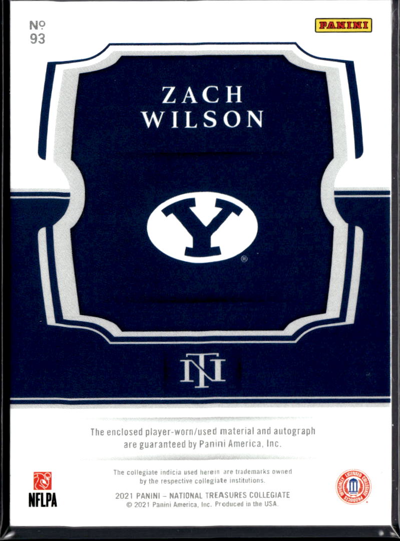 Zach Wilson 2021 Panini National Treasures Collegiate Patch RC Auto /99 BYU