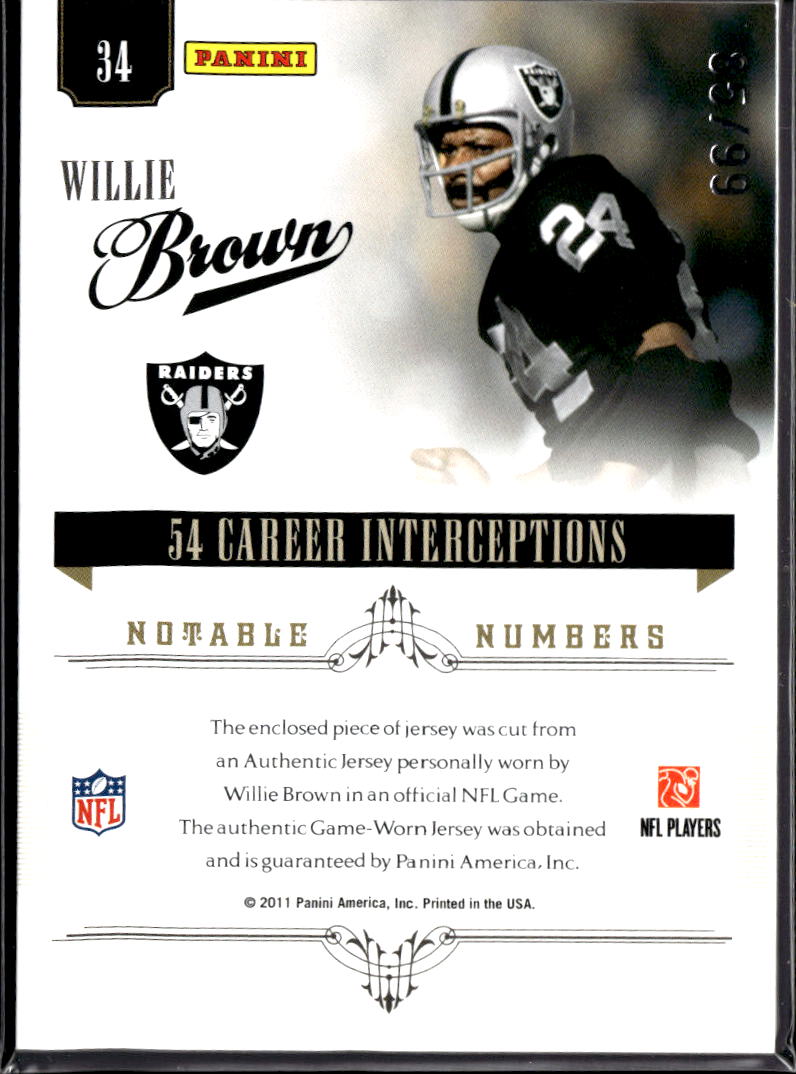 Willie Brown 2011 Panini National Treasures Notable Numbers Jersey /99 Raiders