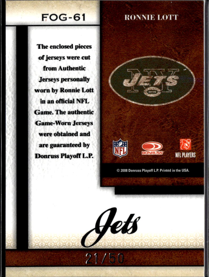Ronnie Lott 2008 Leaf Certified Materials Fabric of the Game Jersey /50 Jets