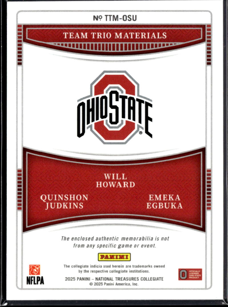 Quinshon Judkins Will Howard Emeka Egbuka 2025 National Treasures Jersey /99 OSU