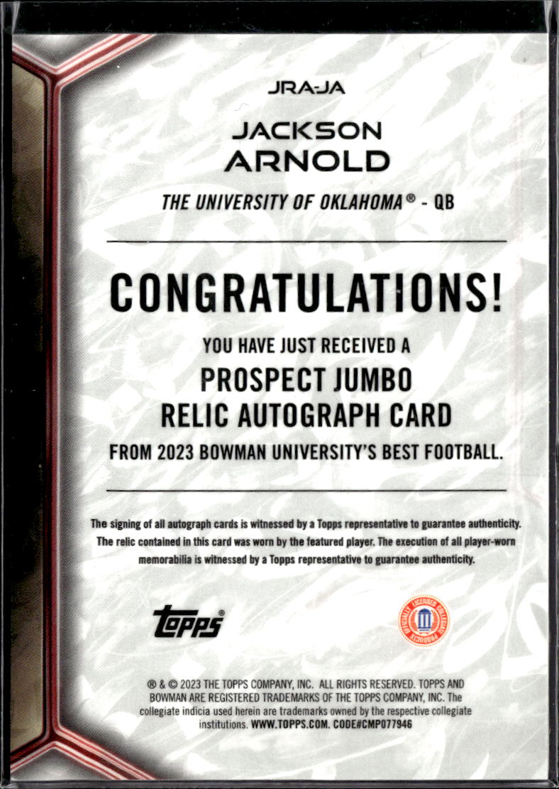 Jackson Arnold 2023 Bowman University Best Jumbo Relic Auto Oklahoma