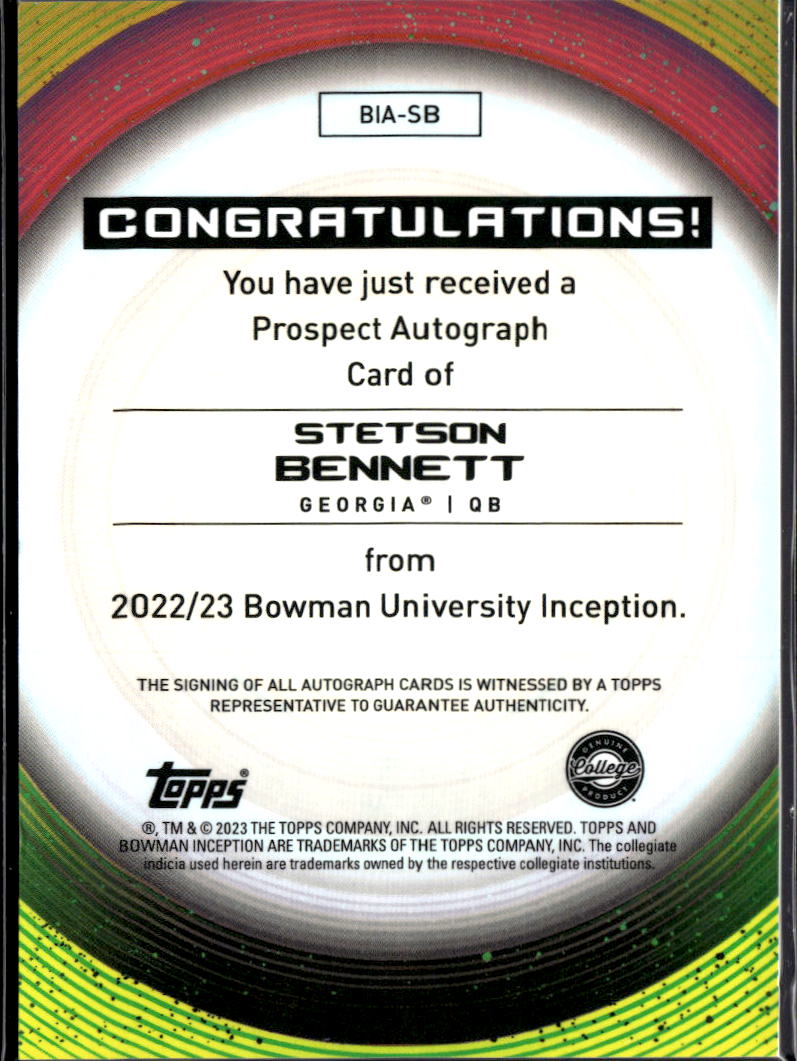 Stetson Bennett 2023 Bowman University Inception Autograph Auto Georgia Bulldogs
