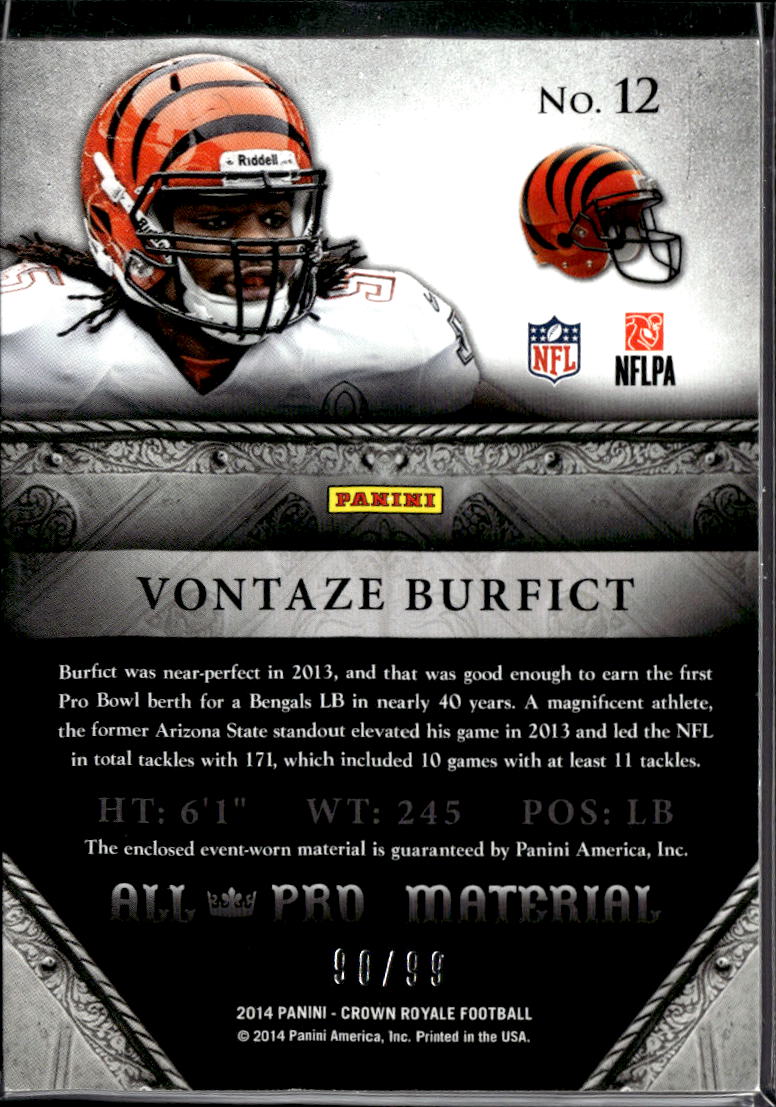 Vontaze Burfict 2014 Panini Crown Royale All Pro Material Patch /99 Bengals
