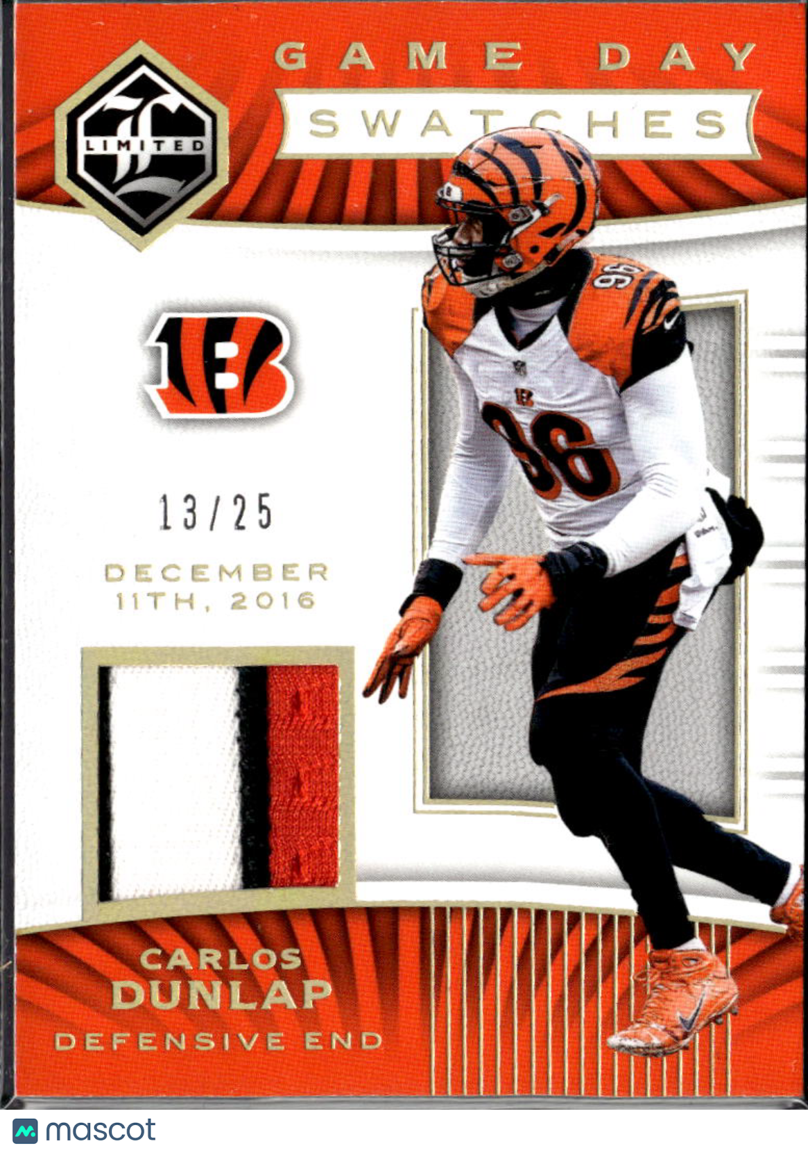 Carlos Dunlap 2018 Panini Limited Game Day Swatches Patch /25 Bengals