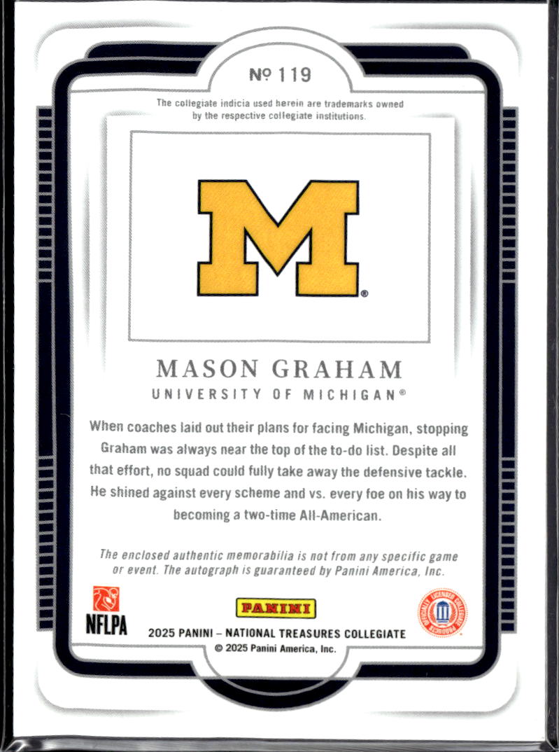 Mason Graham 2025 National Treasures Collegiate Patch RC Auto /39 Michigan