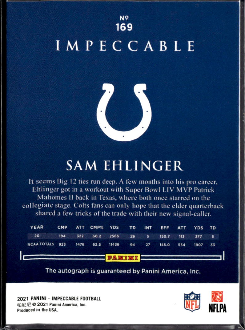 Sam Ehlinger 2021 Panini Impeccable Football RC Auto /35 Indianapolis Colts