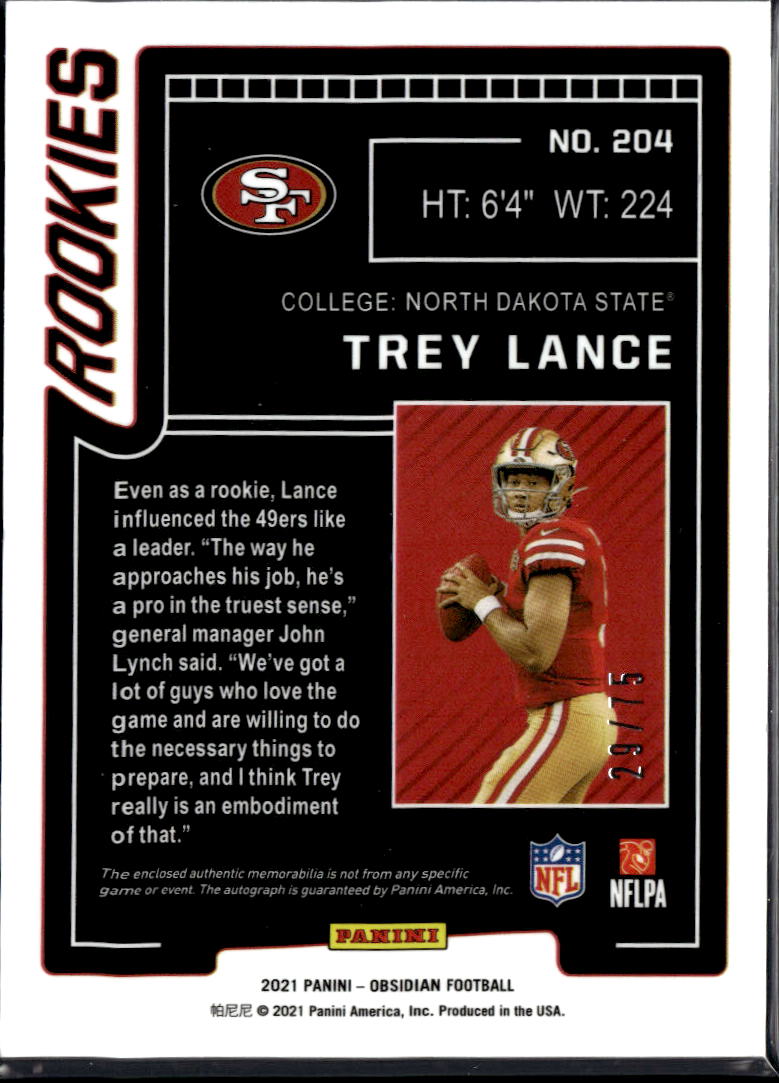Trey Lance 2021 Panini Obsidian Patch RC Auto Orange /75 49ers