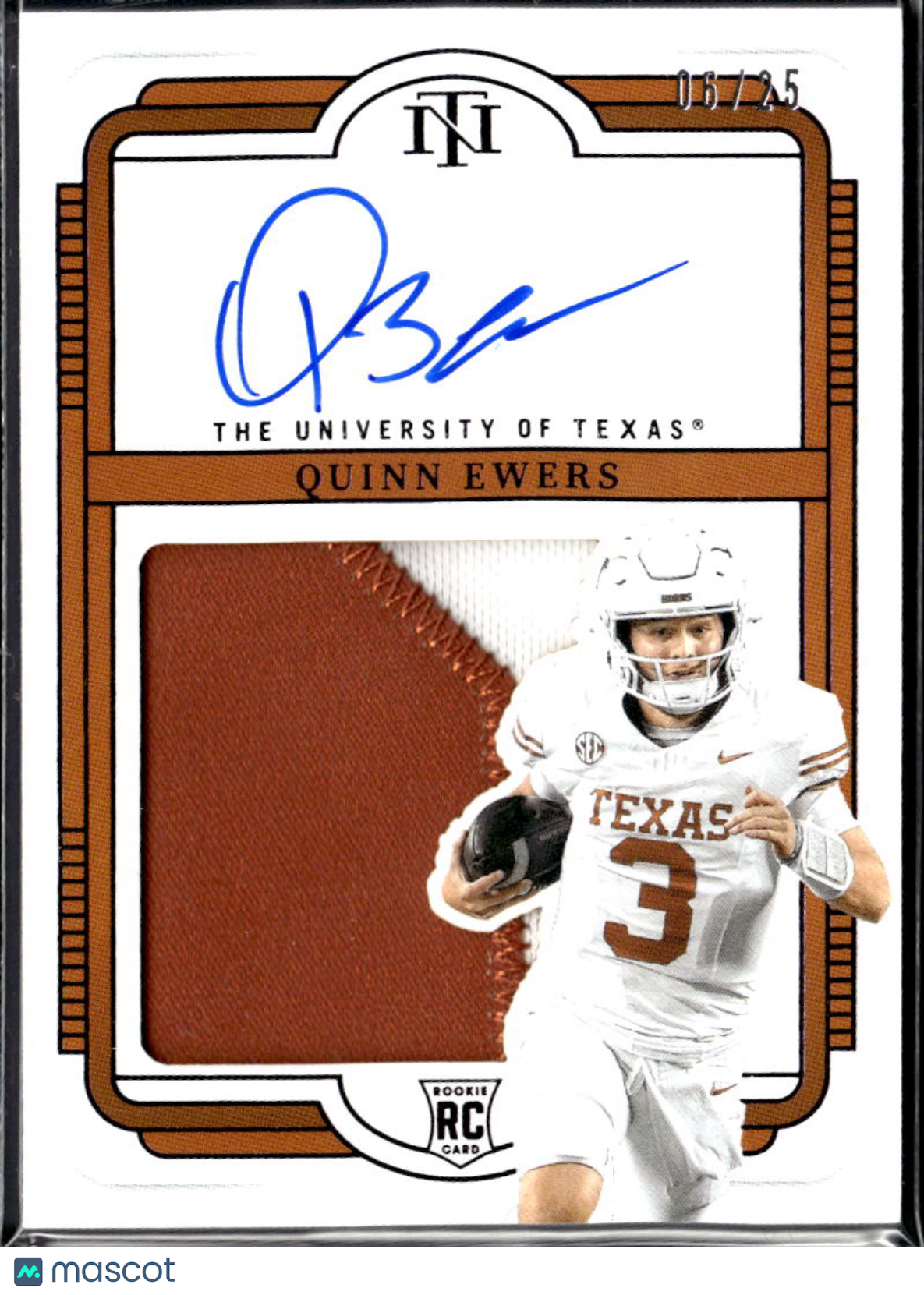 Quinn Ewers 2025 Panini National Treasures Collegiate Patch RC Auto /25 Texas