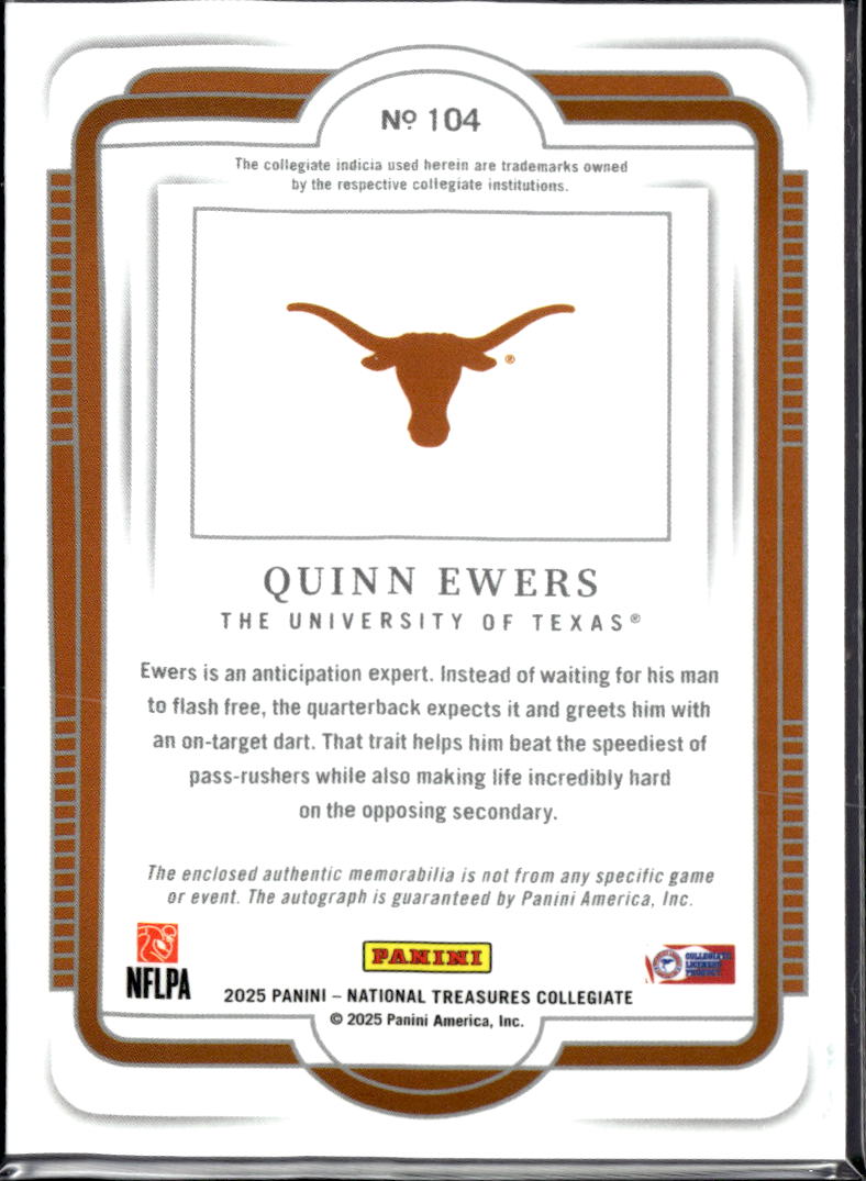 Quinn Ewers 2025 Panini National Treasures Collegiate Patch RC Auto /25 Texas