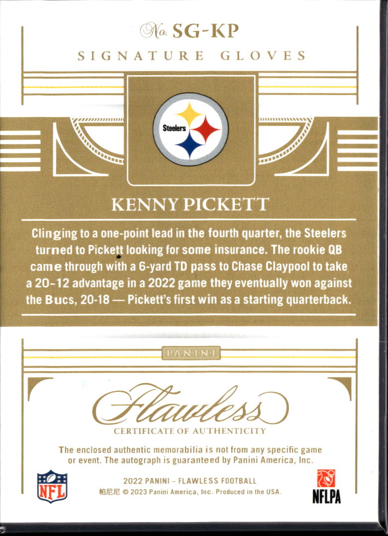 Kenny Pickett 2023 Flawless RC Signature Gloves Auto /15 Pittsburgh Steelers