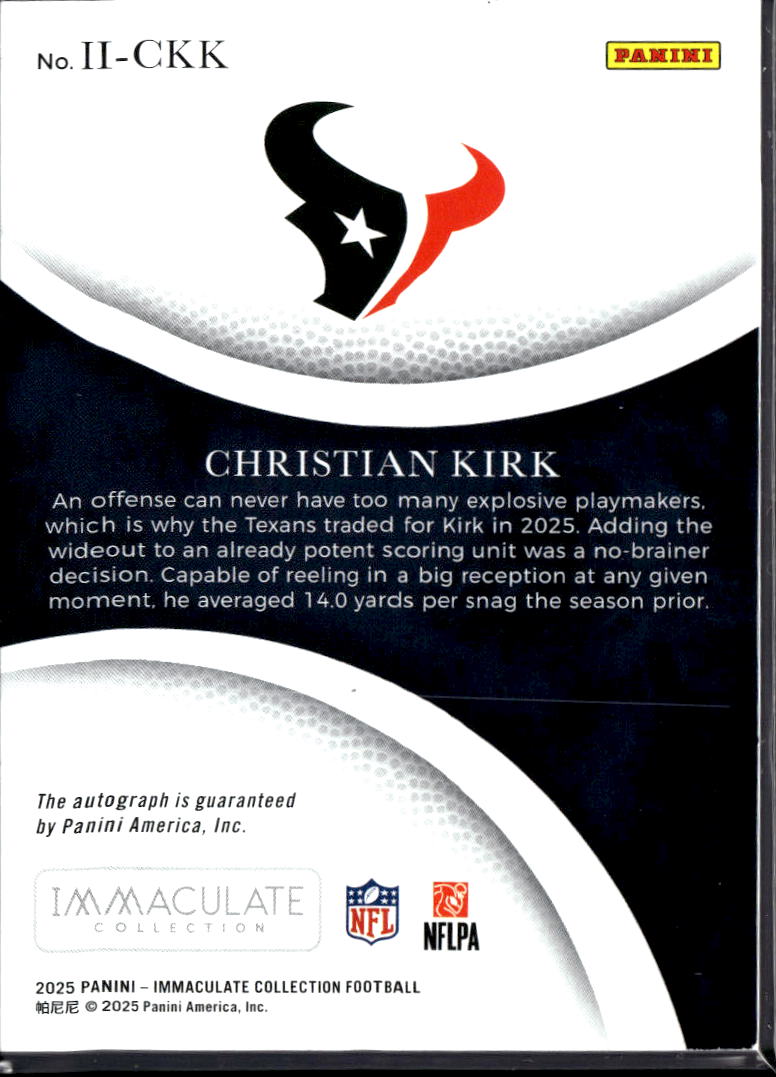 Christian Kirk 2025 Panini Immaculate Ink Auto /99 Houston Texans