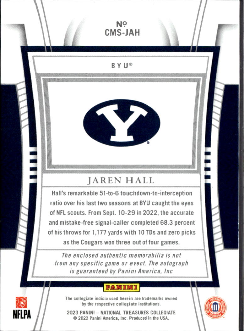 Jaren Hall 2023 Panini National Treasures Collegiate RC Patch Auto /99 BYU