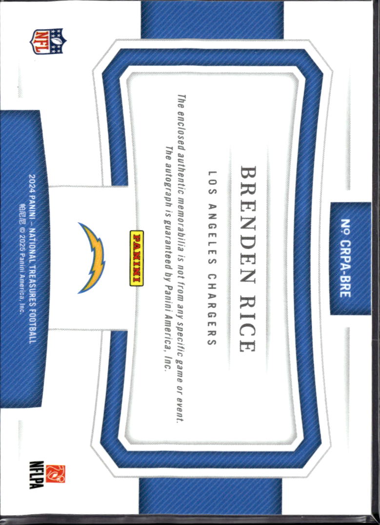 Brenden Rice 2025 National Treasures Crossover Patch Patch RC Auto /99 Chargers