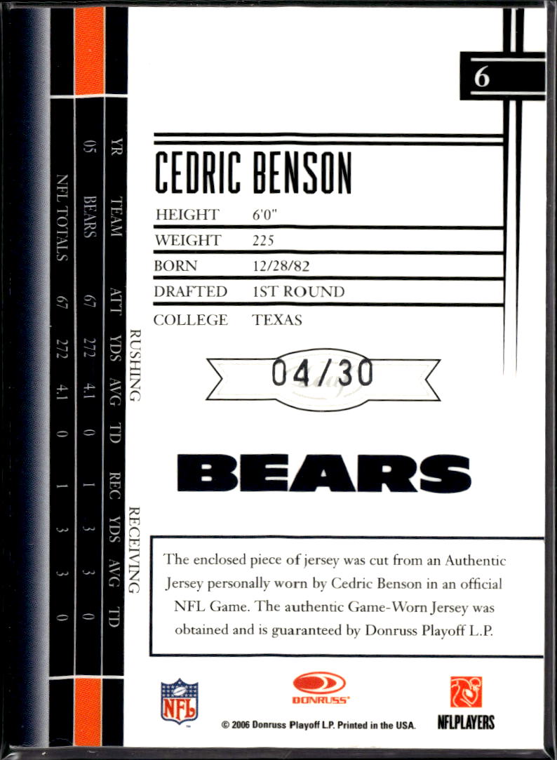Cedric Benson 2006 Leaf Limited Game-Worn Prime Laundry Tag Patch /30 Bears