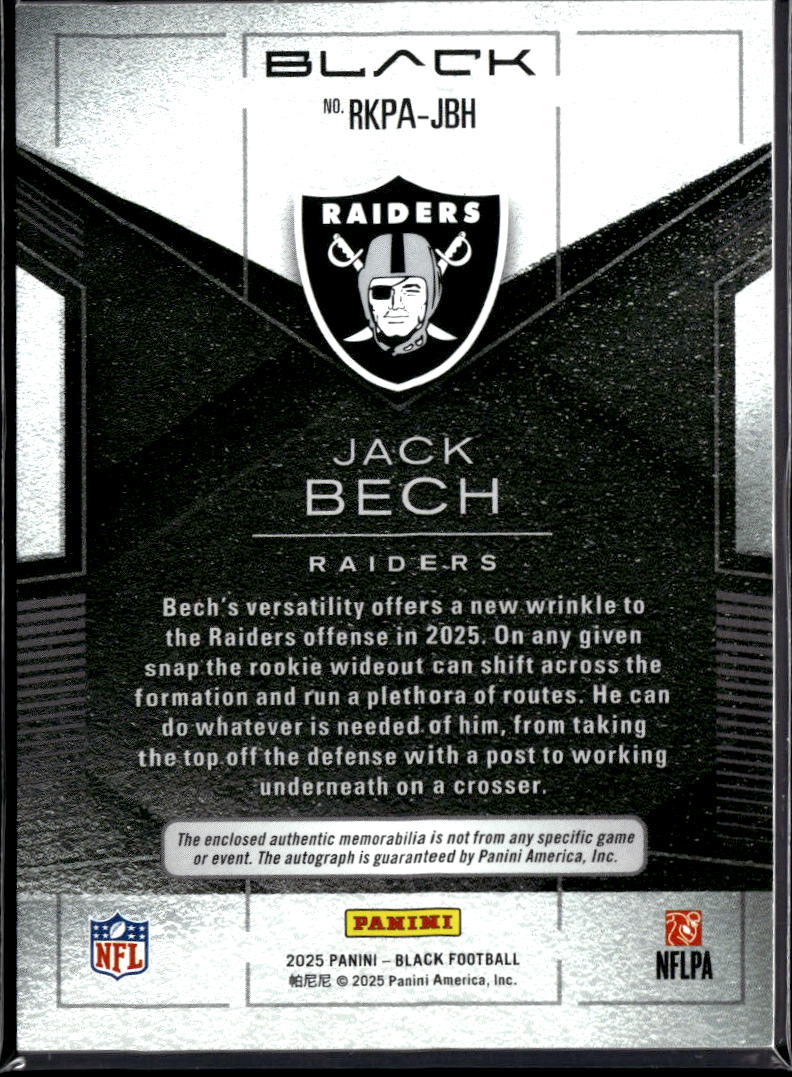 Jack Bech 2025 Panini Black RC Patch Auto /249 Las Vegas Raiders