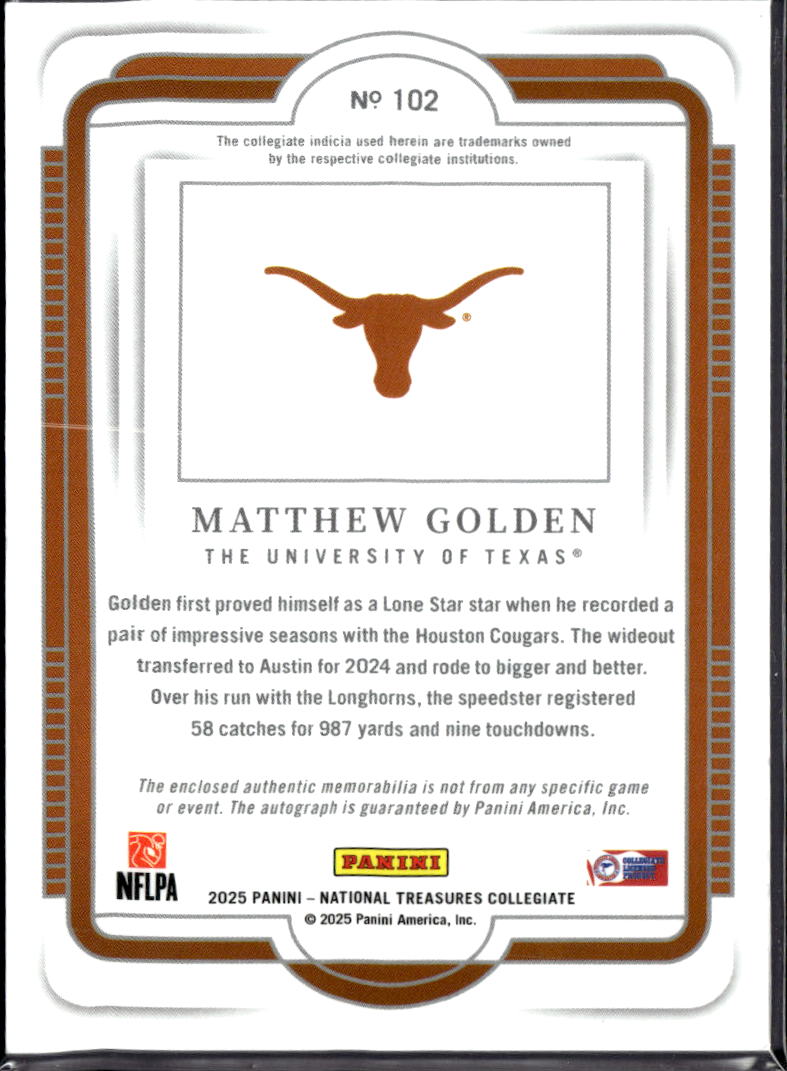 Matthew Golden 2025 National Treasures Collegiate Patch RC Auto Blue /49 Texas
