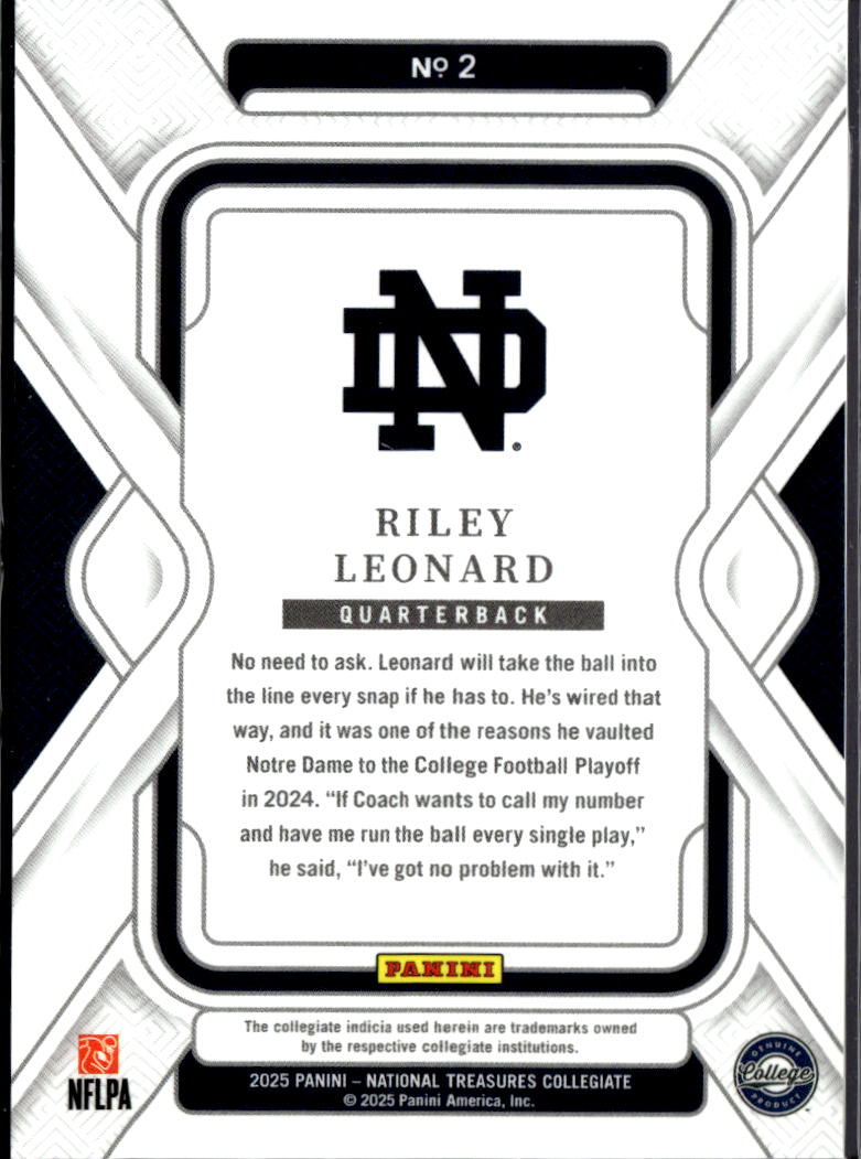 Riley Leonard 2025 National Treasures Collegiate RC /60 Notre Dame