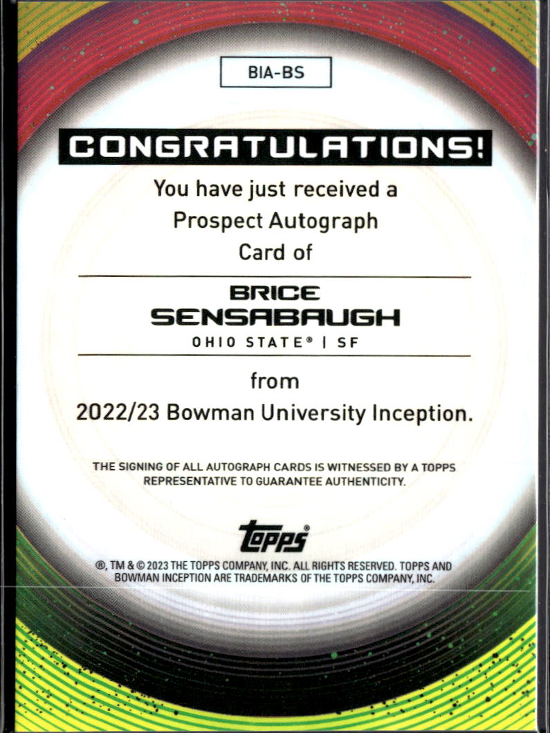 Brice Sensabaugh 2023 Bowman University Inception Orange Auto /25 Ohio State