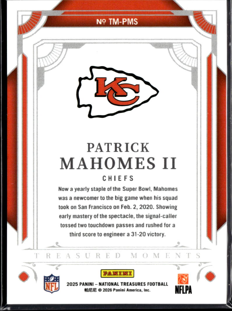 Patrick Mahomes 2025 National Treasures Treasured Moments /99 Kansas City Chiefs