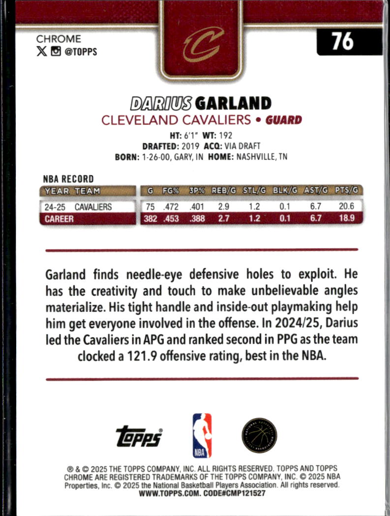 Darius Garland 2025-26 Topps Chrome Black Wave Refractor 6/10 Cavaliers