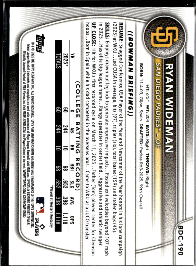 Ryan Wideman 2025 Bowman Chrome 1st Green Refractor RC 61/99 Padres